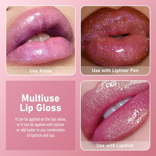 Two Tone Layered Lip Gloss, High-Shine Lip Gloss, Shimmer and Buildable Color, Diamond Glitter Lip Luminizer, Nourishing and Hydrating, Plumping, Non-Sticky Lip Oil-01, 0.32 Fl Oz