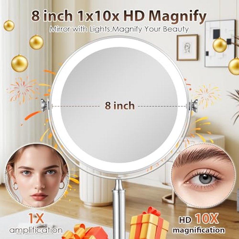 4000mAh Large Rechargeable Lighted Makeup Mirror Nickel, 2-Sided 1X/10X HD Undistorted 8" Magnifying Mirror with 3 Color Lights Dimmable, 360¡Æ Swivel Seamless Cordless Travel Vanity Mirror -Detachable
