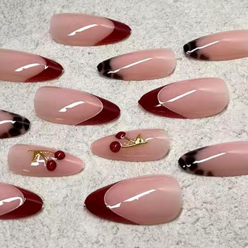 Reusable French Tip Press On Nails with 3D Cherry Design - Medium Almond, Glossy Red, Gold Accents, 24 Pieces