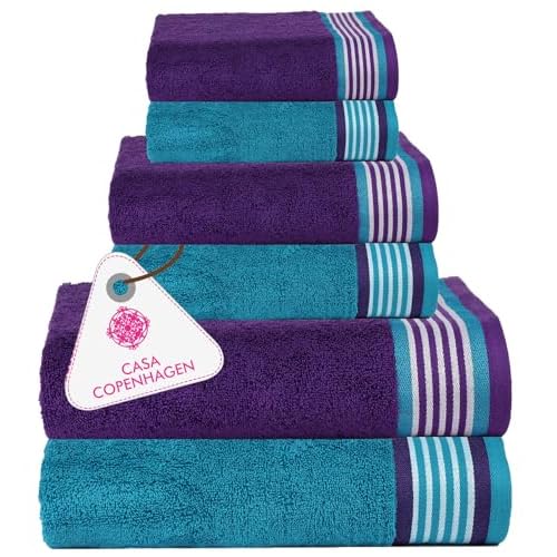 CASA COPENHAGEN Designed in Denmark 550 GSM 2 Large Bath Towels 2 Large Hand Towels 2 Washcloths, Super Soft Egyptian Cotton 6 Towels Set for Bathroom, Kitchen & Shower - Violet Indigo & Teal Green