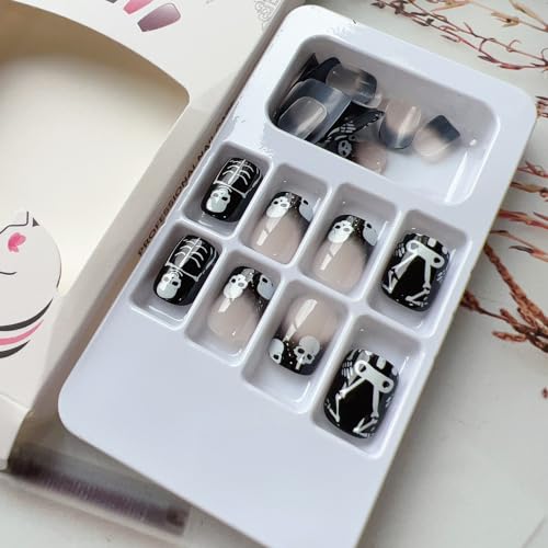 Halloween Short Press on Nails Black Skull Fake Nails Full Cover Glue on Nails with Design Glossy Square Shape Halloween False Nail Tips Reusable Halloween Short Square Nails for Women Manicure 24Pcs