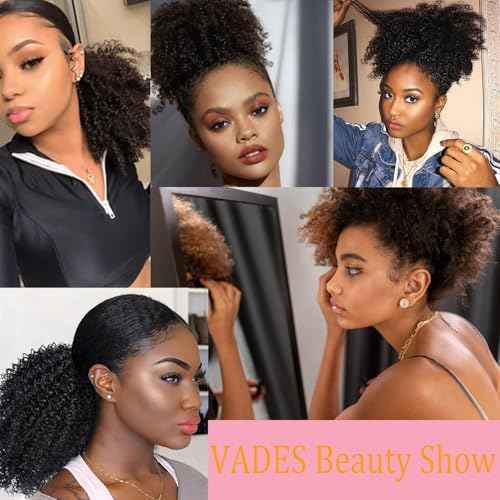 VADES Curly Clip in Hair Extensions Ponytail Afro Puff Drawstring Ponytail for Black Women 100% Real Hair Ponytail Extension #1B Natural Black Color 12 inch With 3 Stable Combs