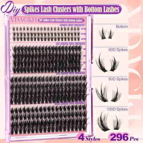 Volume Lash Clusters Spikes Cluster Eyelash Extensions 60D 80D 100D Thick Spiky Individuals Lashes 5-19mm Mega Wispy Eyelash Extension Fluff DIY D Curly Lash Extension with Bottom Lashes 296Pcs