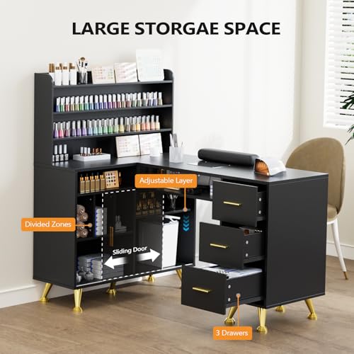 OmySalon L-Shaped Nail Technician Desk with Dust Collector & Storage, 52" Corner Manicure Table