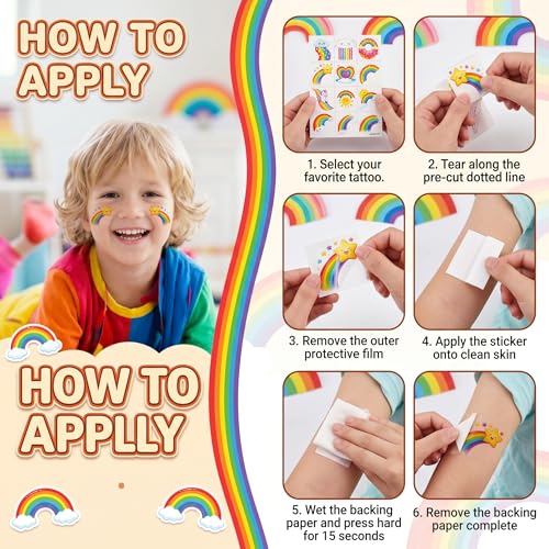 96 Pastel Rainbow Temporary Tattoos for Kids