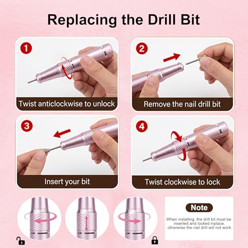 Professional Cordless Electric Nail Drill with Rechargeable Battery - Portable Manicure Kit for Acrylic & Gel Nails (Pink)