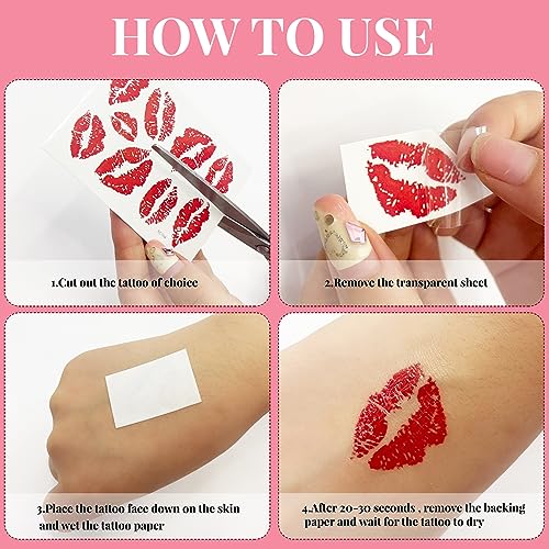 Kiss Temporary Tattoos - 10 Sheets Waterproof Red Lips