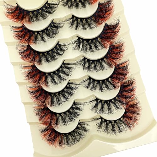Colored Lashes Mink Fluffy CD Curl Red Eyelashes Strips Halloween 3D Faux Mink Dramatic 20MM Long Colorful False Eyelashes Wispy Lash 7 Pairs Pack YH-C01