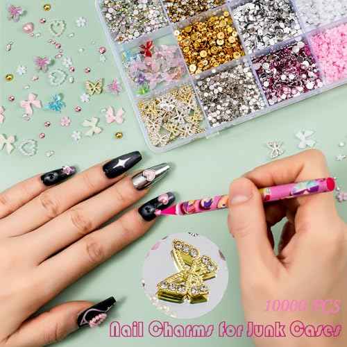 10000pcs Nail Charms and Gems:Pink Cute Bow Heart 3D Flower Charms for Junk Cases kit;Gold Chunky Butterfly Charms for Nails Design,nail jewels Diamond Rhinestones for Nails;Beads Pearls for Nails Art