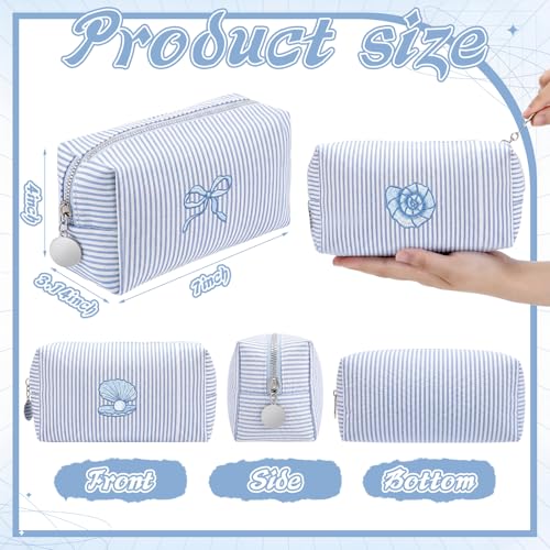 6 Blue Seersucker Cosmetic Bags with Striped Design