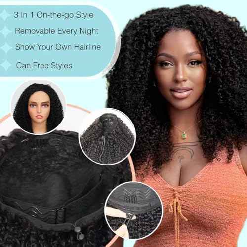 Kinky Curly Half Wig Human Hair Drawstring Seamless Flip Over Half Curly Wig Human Hair Invisible Hairline Glueless Wear and Go Wigs For Black Women Beginner Friendly 22Inch 200% Density