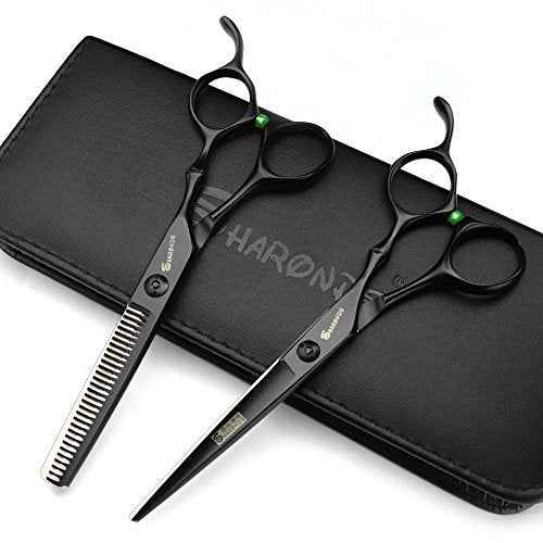 Professional Hair-Dressing Scissors and Hair Thinning Scissor Shears set - Black - Stainless Steel J44C 5.5"and 6" (6" set)