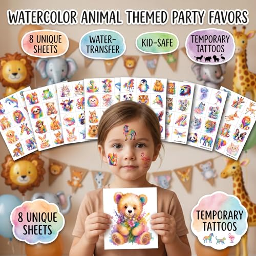 96 Watercolor Animal Temporary Tattoos for Kids
