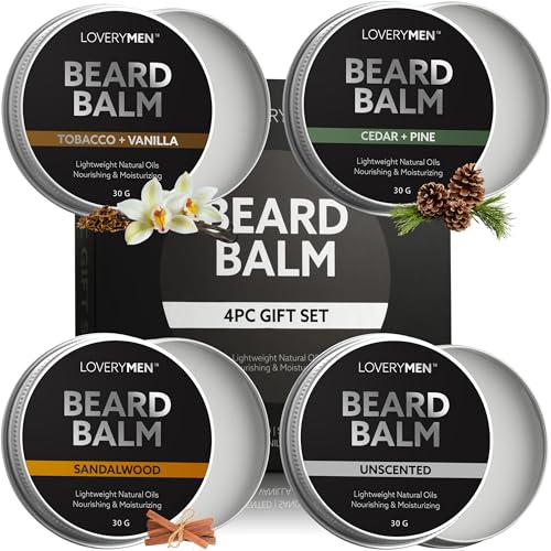 LOVERY Beard Balm for Men, Gift Set in Unscented, Sandalwood, Tobacco Vanilla, Cedar Pine Fragrances, All-Natural Wax, Cream Softener Butter, 4 Pack