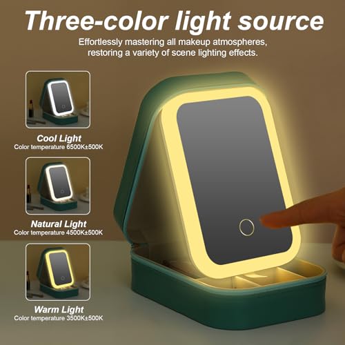 Small Travel LED Makeup Mirror Case with 3 Adjustable Color Light Settings, Dust-Proof Jewelry Box, Mini Cosmetic Train Case Ideal for Short Trips (Green)