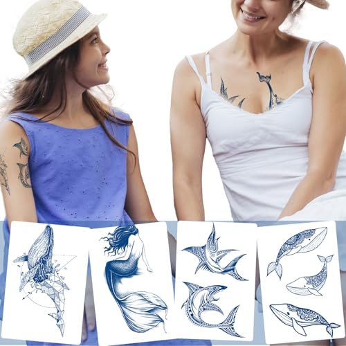 8 Sheets Semi-Permanent Whale Shark Tattoos ? Long Lasting 1-2 Week Premium Fake Tattoos ? Plant-Based Waterproof Realistic Body Art Tattoo Stickers for Adults Men Women Girls Kids