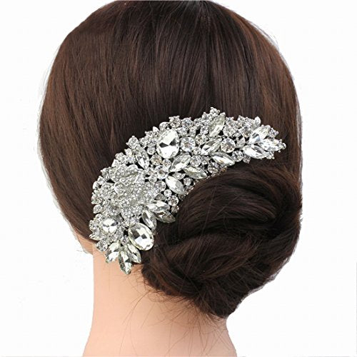 Bride Side Hair Piece Clip for Women Silver Rhinestone Wedding Hair Comb Clips (White)