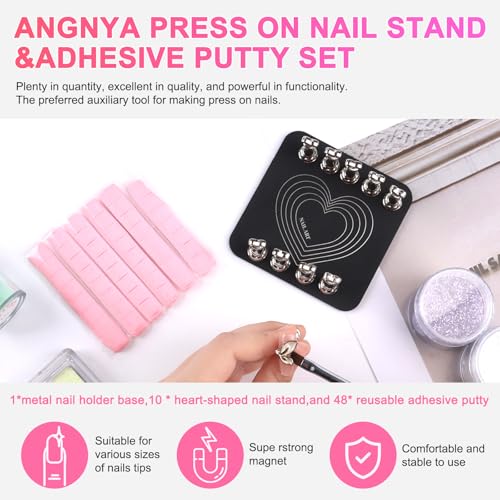 ANGNYA Nail Stand for Press Ons, Fake Nail Holder for Painting Nails, Super Magnetic Base for Painting Display Holder with Reusable Adhesive Putty for Home DIY Salon Supplies