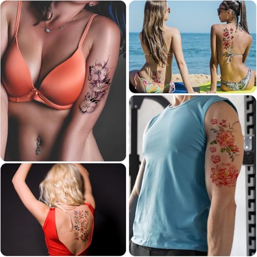 21 Large Floral Temporary Tattoos - Waterproof Flower Design Sheets