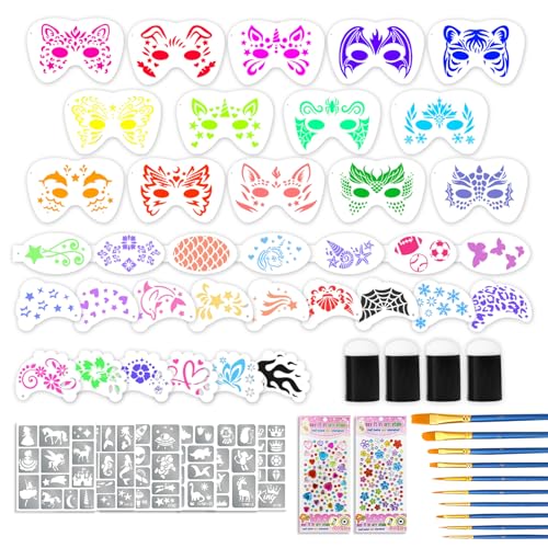 Face Paint Stencils Kit 58 Pieces - 36 Reusable Stencils, 10 Brushes