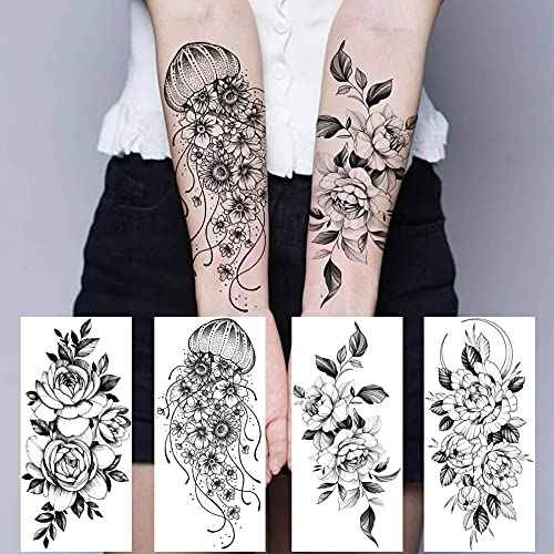 64 Sheets Long Lasting Flower Temporary Fake Tattoos For Women Arm Neck, Jellyfish Sunflower Moon Rose For Adults Girl, 3D Temp Realistic Snake Tatoo Stickers Serpent Peony Floral Kids