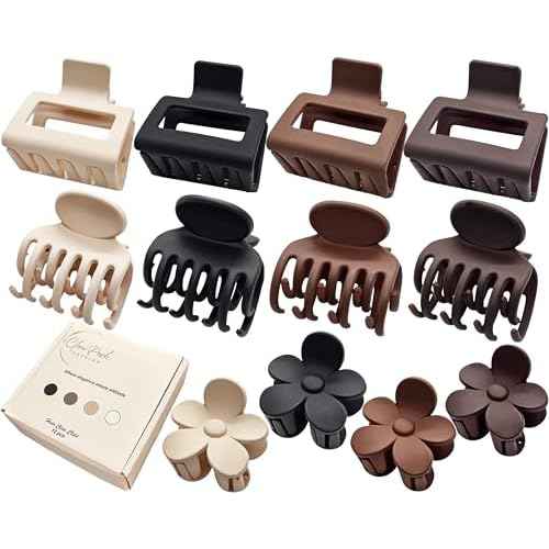 12 Pack- Hair Clips for Women Thin/Medium or Short Hair- Double Row, Rectangle & Flower Small Claw Clips for Girls Thin Hair in Matte Neutral Colors- (Size 2¡± 1.6¡± & 1.5¡±)