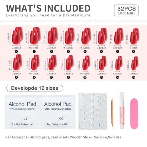 Stbisen C1 Ballet Heatwave Red Coffin Press On Nails with Gel Shine, 32Pcs Reusable Fake Nails Kit