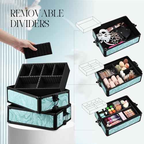 Rolling Makeup Case, 4 in 1 Makeup Case on Wheels, Professional Makeup Trolley, Cosmetic Train Case Makeup Cart Travel Trolley with Key for MUA, Hairstylists, Nail Tech, Turquoise Vitality