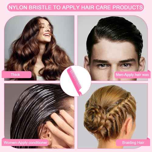 SIMPOR 3 Row Hair Comb for Natural Detangling Hair Styling Brush Nylon Bristle Unbraider Teasing Comb Rat Tail for Women Men Rose Pink