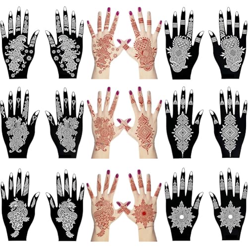 12 Sheets Henna Tattoo Stencil Kit for Hands, Indian Arabian Temporary Tattoo Template Self Adhesive Mehndi Stencil Stickers for Women Girls£¨8.2" x 4.7"£©