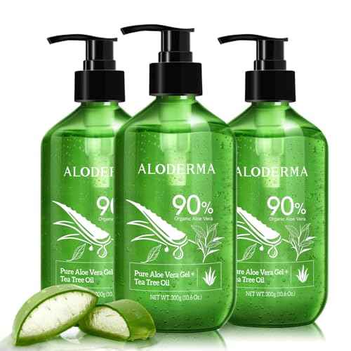 Aloderma Aloe Vera Gel + Tea Tree Oil, Made with Refreshing Organic Aloe for After Sun Skin Care, Multipurpose Use for Hair and Scalp, and Face or as a Shaving Gel or Aftershave - 10.6Oz x 3btls