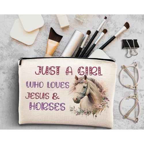 KDQUA Horse Lovers Makeup Bag, Just a Girl Who Loves Horses, Funny Cowgirl Equestrian Gifts - Linen Cosmetic Bag Zipper Pouch Travel Toiletry Bag