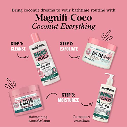 Soap & Glory Magnificoco Buff and Ready Coconut Body Scrub - Smoothing & Buffing Body Scrub - Coconut Scented Body Polish - Brightening with Green Tea Extract (300ml)