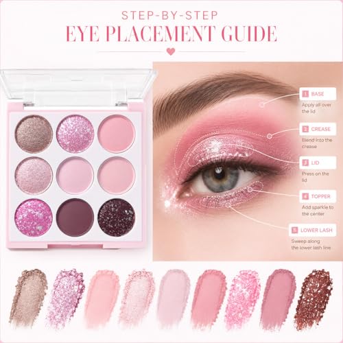 Pink Eyeshadow Palette 9 Colors Matte Shimmer Glitter