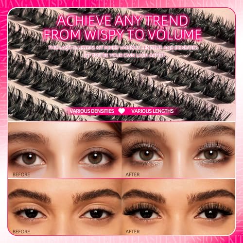 Lash Clusters Kit, 392pcs 150D Natural Fluffy D Curl Lashes Clusters 10-18mm Individual DIY Manga Wispy Cluster Eyelash Extensions Kit Fairy Flora Eyelashes with Bond Seal Tweezers Brush Remover
