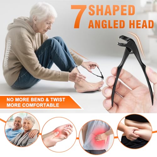 Toenail Clippers for Seniors Thick Toenails, Long Handled Angled Head Toe Nail Clippers for Thick Toenails with Wide Jaw Opening, Slanted Curved Blade Ingrown Toenail Clippers