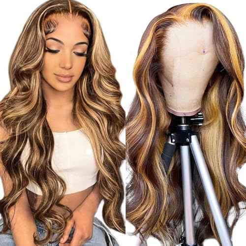 13x4 HD Body Wave Highlight Ombre Lace Front Wig Human Hair Pre Plucked 4/27 Honey Blonde Lace Frontal Wig For Women with Baby Hair 200% Density Glueless Body Wave Colored Lace Front Wig 18 Inch