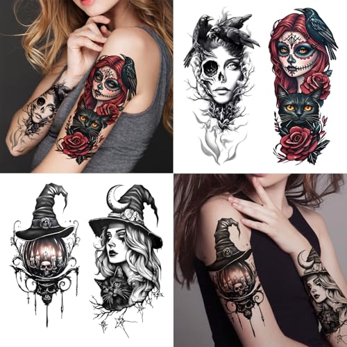 77 Sheets Witch Temporary Tattoos, Halloween Makeup Kit, Scary Half Arm Fake Tattoo Stickers for Adult Women Boy Girl