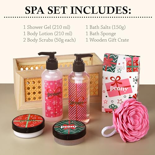 Freida & Joe Peony Spa Gift Set Bath & Body Gift Basket for Women & Men | Shower Gel, Body Lotion, Body Scrub, Bath Salt | Relaxing Self Care Gift ? Mother's Day Gift for Mom