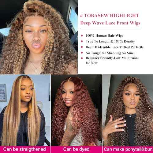 26 Inch 13x6 Deep Wave Lace Front Wigs Human Hair Honey Blonde HD Lace Frontal Wigs Ombre 4/27 Highlight Curly Lace Front Wigs Human Hair Pre Plucked with Baby Hair Water Wave Lace Frontal Wigs