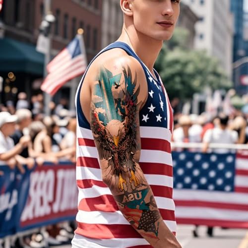 8 Sheets Independence Day Temporary Tattoo, 4th of July Patriotic Sleeve Tattoo, American Flag Fake Tattoos, Red White and Blue Party Supplies, Labor Day, Memorial Day, USA Flag