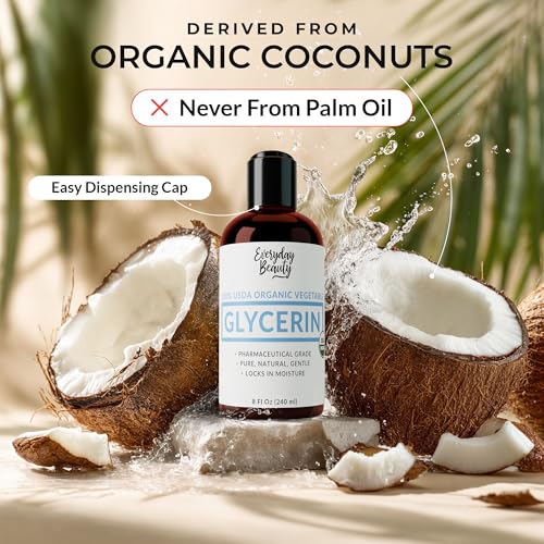 Everyday Beauty 100% Organic Glycerin - USDA Certified - Perfect for DIY Beauty Products, Crafts, and Formulations - Derived From Coconut - Skin and Hair Moisturizer for Deep Hydration - 8 Fl Oz
