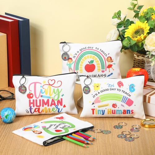 Kacctyen 16 Pcs Tiny Humans Teacher Appreciation Gifts Include Makeup Cosmetic Bag Keychain It's a Good Day to Teach Tiny Human Survival Kit for Babysitter Daycare Preschool Kindergarten Teacher