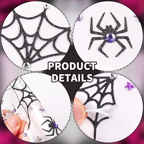 Halloween Face Stickers Glitter Spider Face Gems Face Jewels Self-Adhesive Spider Web Temporary Tattoos Stickers for Face Eyes Halloween Makeup Cosplay Party Supplies 2Pcs
