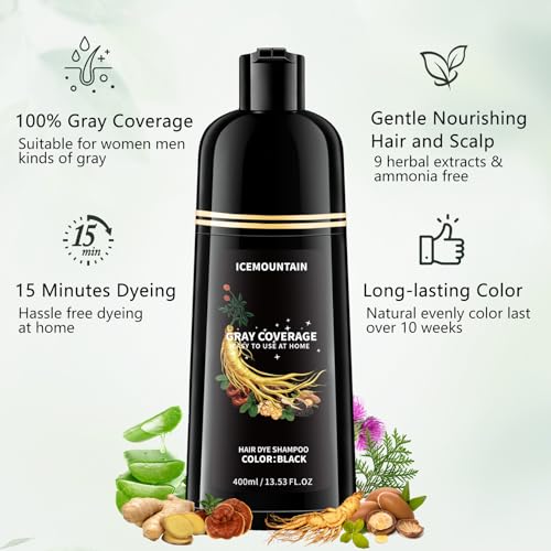 ICEMOUNTAIN Natural Black Hair Dye Shampoo for Gray Coverage