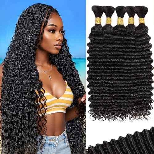 Human Braiding Hair for Boho Braids 200g 18 Inch Deep Wave Boho Hair for Braiding Knotless 12A Curly Hair Extensions Bulk Bohemian 5 Bundles/Pack Natural Color