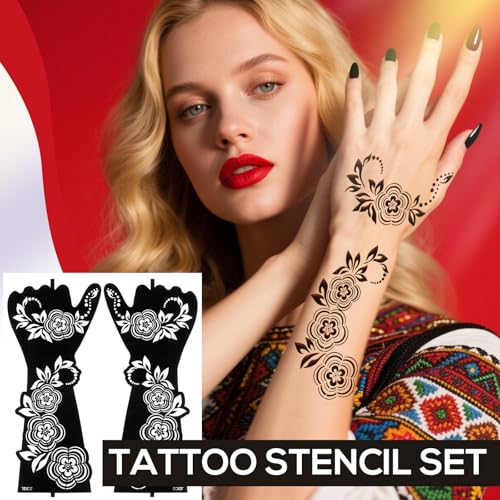 Henna Tattoo Stencil Kit - 10 Reusable Sheets for Hand & Body