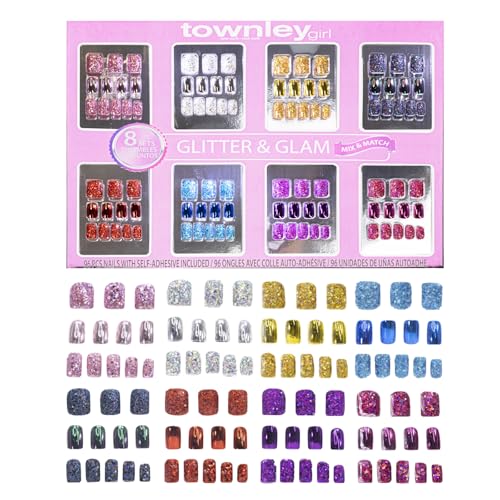 Townley Girl 96-Pc Glitter Press-On Nails Kit with Pre-Glue