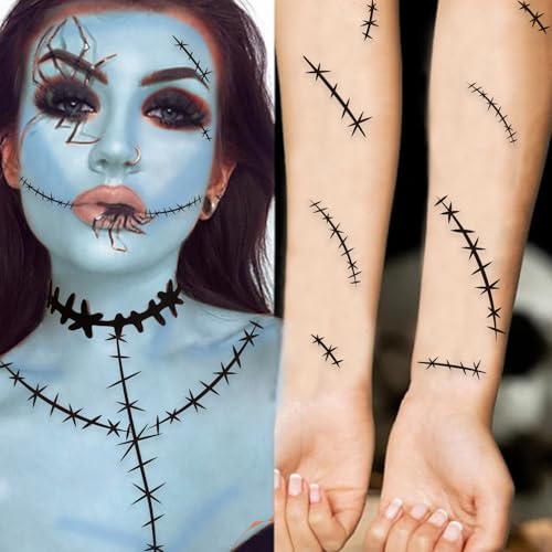 30 Sheets Halloween Stitches Tattoo Stickers Stitches Choker Necklace Fake Scar Temporary Tattoos Sticker for Halloween Cosplay Costume