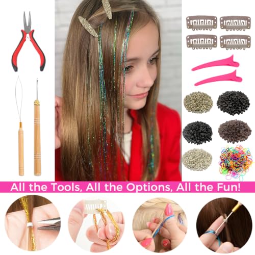 Hair Tinsel Kit - 8700+ Strands in 20 Colors, 48-Inch Glitter Extensions